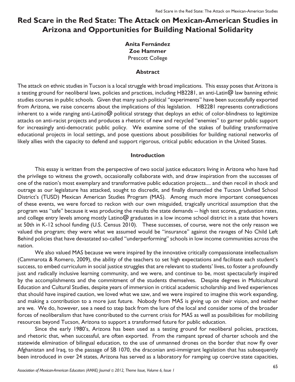 Red Scare in the Red State: the Attack on Mexican-American Studies in Arizona and Opportunities for Building National Solidarity