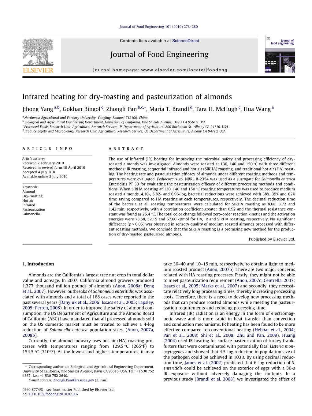 Infrared Heating for Dry-Roasting and Pasteurization of Almonds