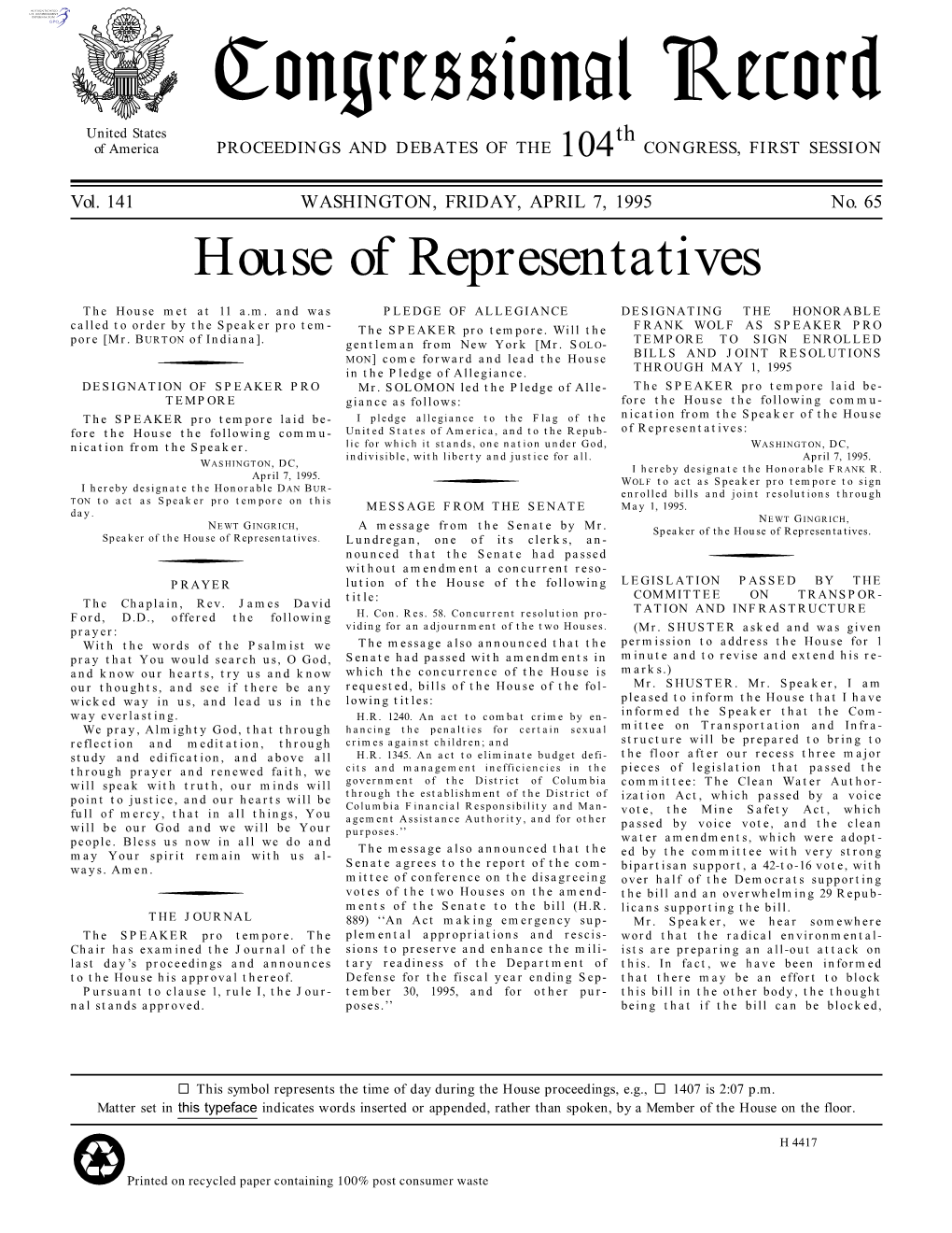 Congressional Record United States Th of America PROCEEDINGS and DEBATES of the 104 CONGRESS, FIRST SESSION