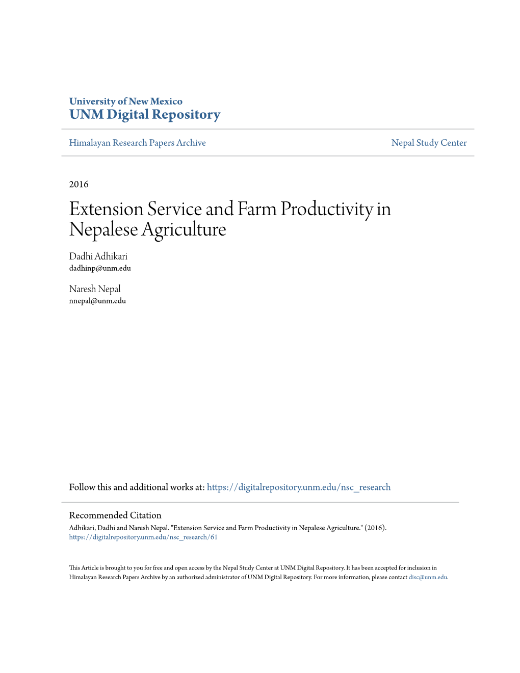 Extension Service and Farm Productivity in Nepalese Agriculture Dadhi Adhikari Dadhinp@Unm.Edu