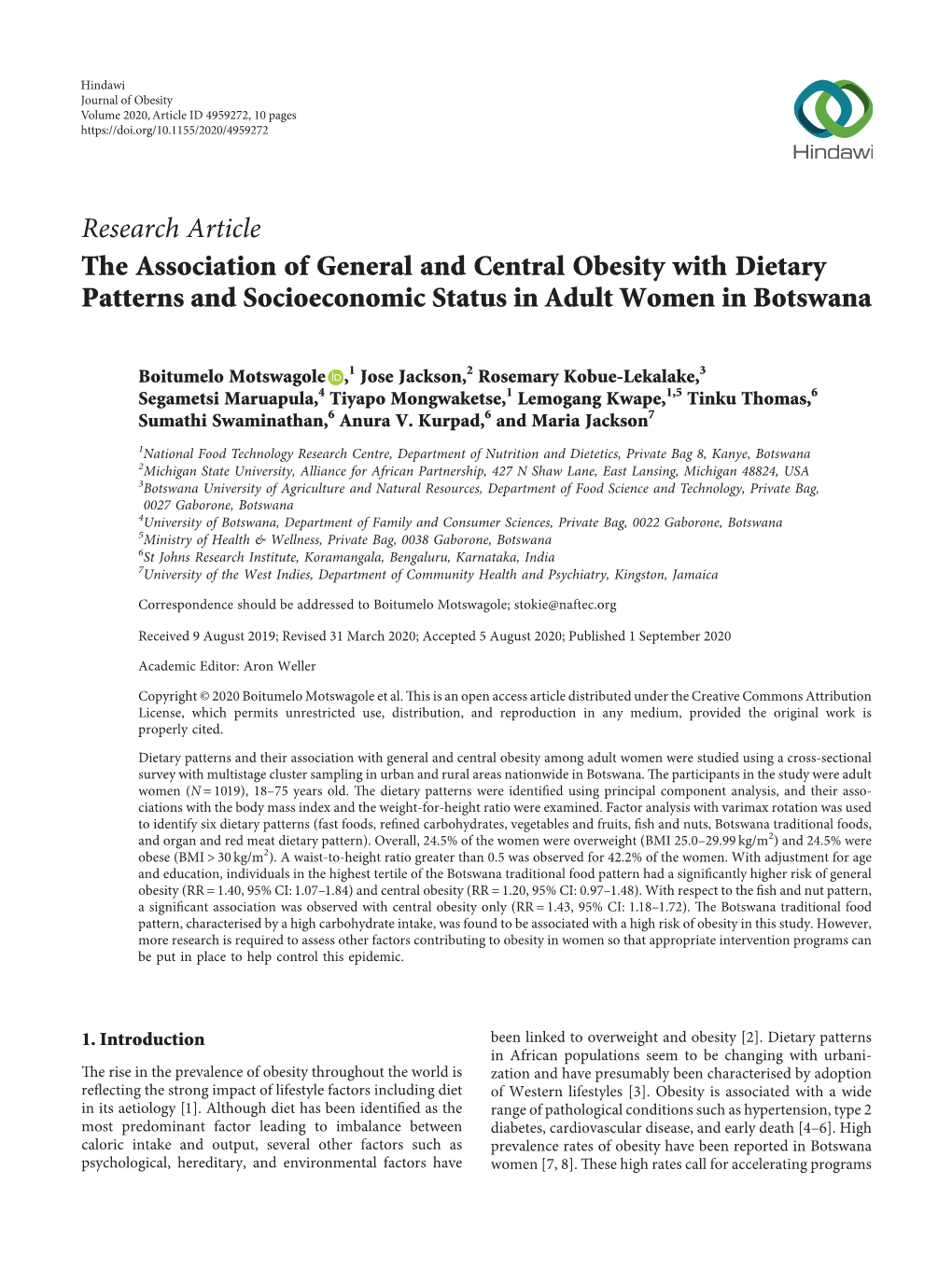 The Association of General and Central Obesity with Dietary Patterns and Socioeconomic Status in Adult Women in Botswana