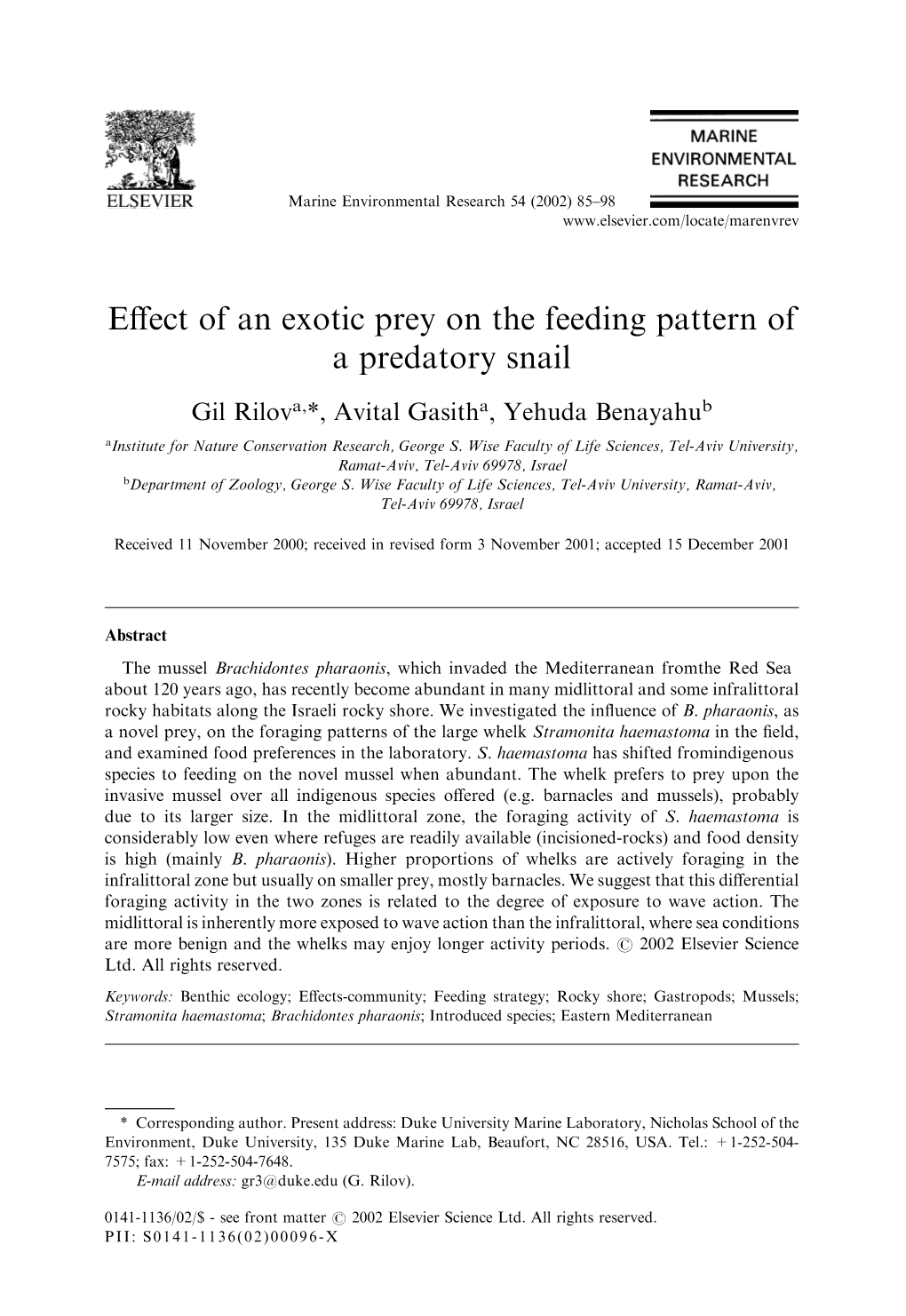 Effect of an Exotic Prey on the Feeding Pattern of a Predatory Snail