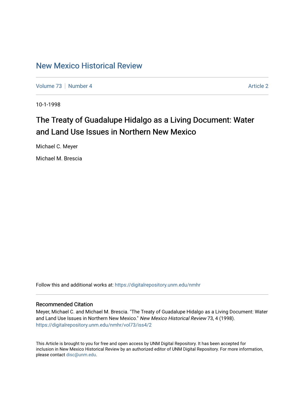 The Treaty of Guadalupe Hidalgo As a Living Document: Water and Land Use Issues in Northern New Mexico