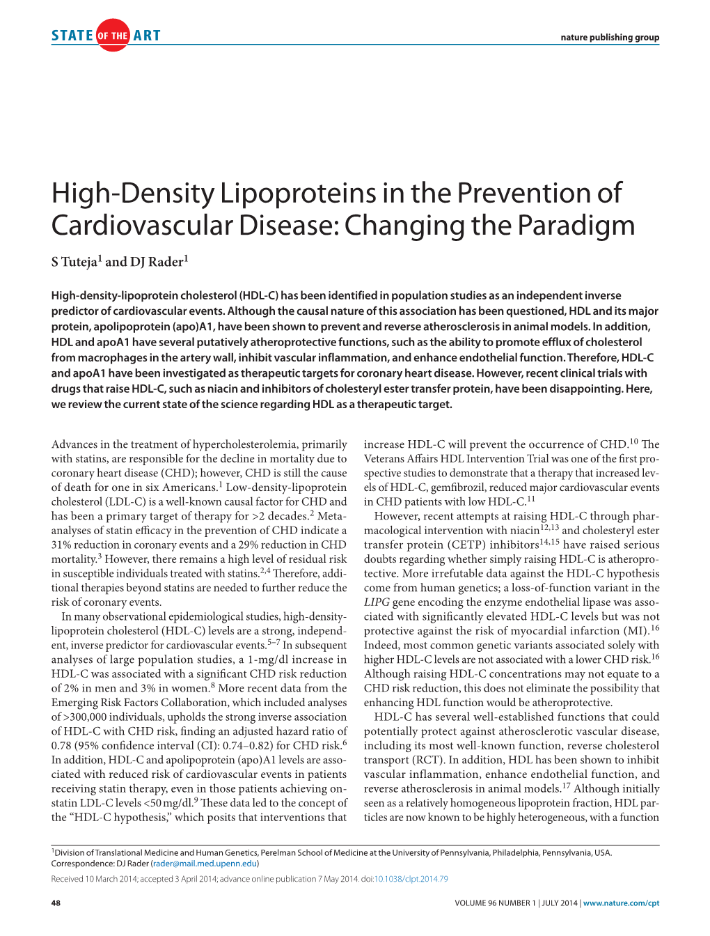 High-Density Lipoproteins in the Prevention of Cardiovascular Disease: Changing the Paradigm