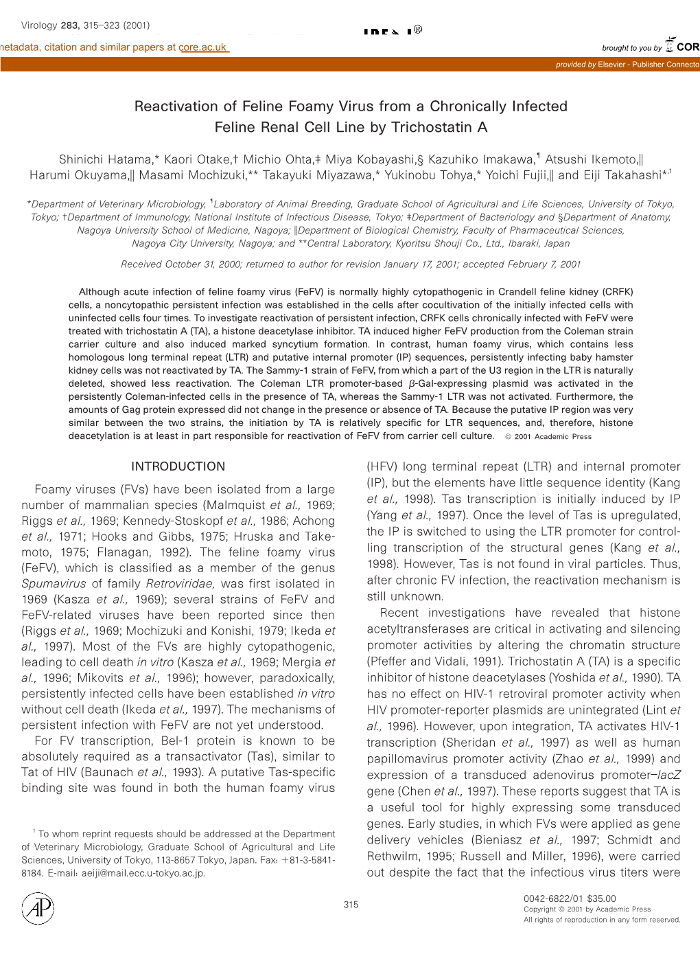 Reactivation of Feline Foamy Virus from a Chronically Infected Feline Renal Cell Line by Trichostatin A