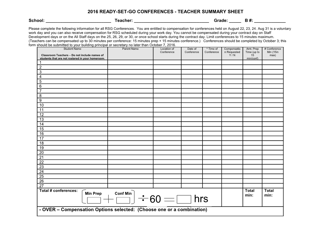 2016 Ready-Set-Go Conferences - Teacher Summary Sheet