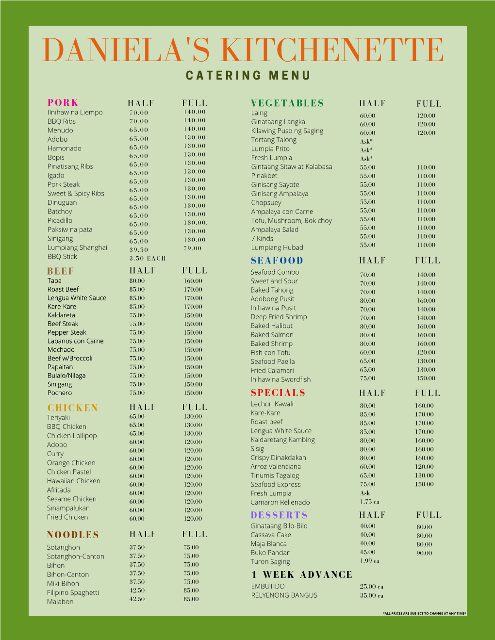 Daniela's Catering Menu UPDATED on 06/04/21