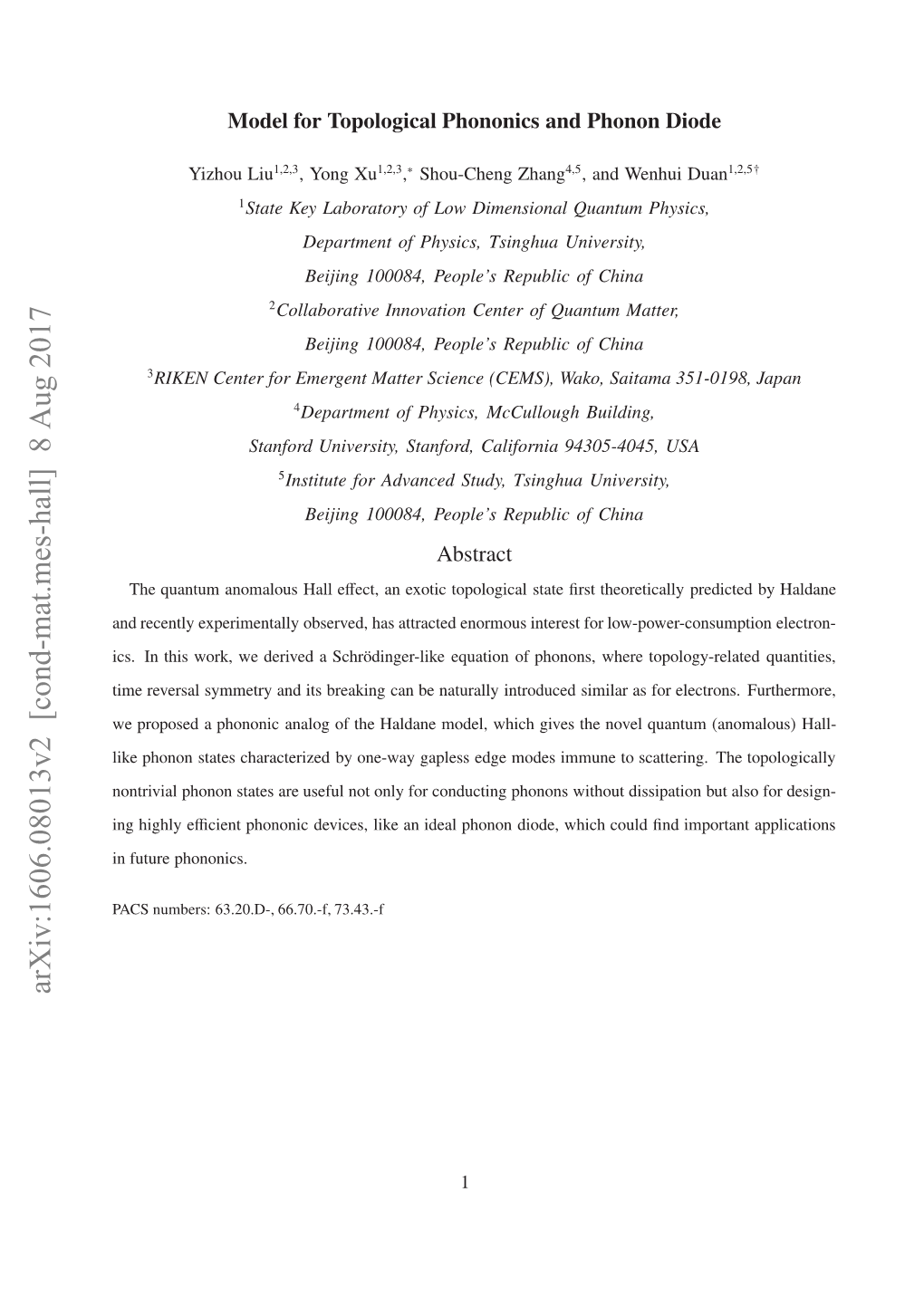 Arxiv:1606.08013V2 [Cond-Mat.Mes-Hall] 8 Aug 2017 Asnmes 32.- 67.F 73.43.-F 66.70.-F, 63.20.D-, Numbers: PACS Phononics