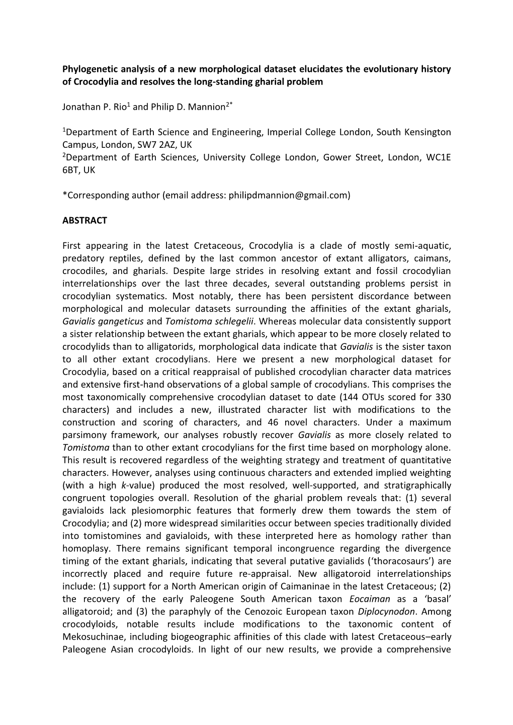 Phylogenetic Analysis of a New Morphological Dataset Elucidates the Evolutionary History of Crocodylia and Resolves the Long-Standing Gharial Problem