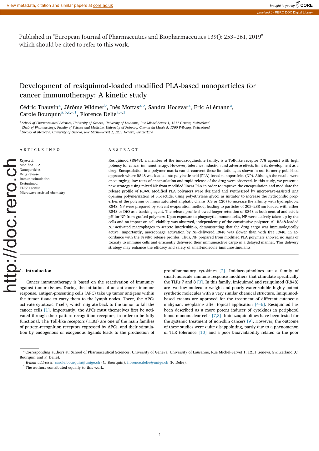 Development of Resiquimod-Loaded Modified PLA-Based Nanoparticles