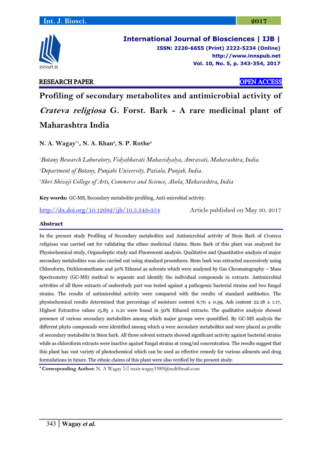 Profiling of Secondary Metabolites and Antimicrobial Activity of Crateva Religiosa G