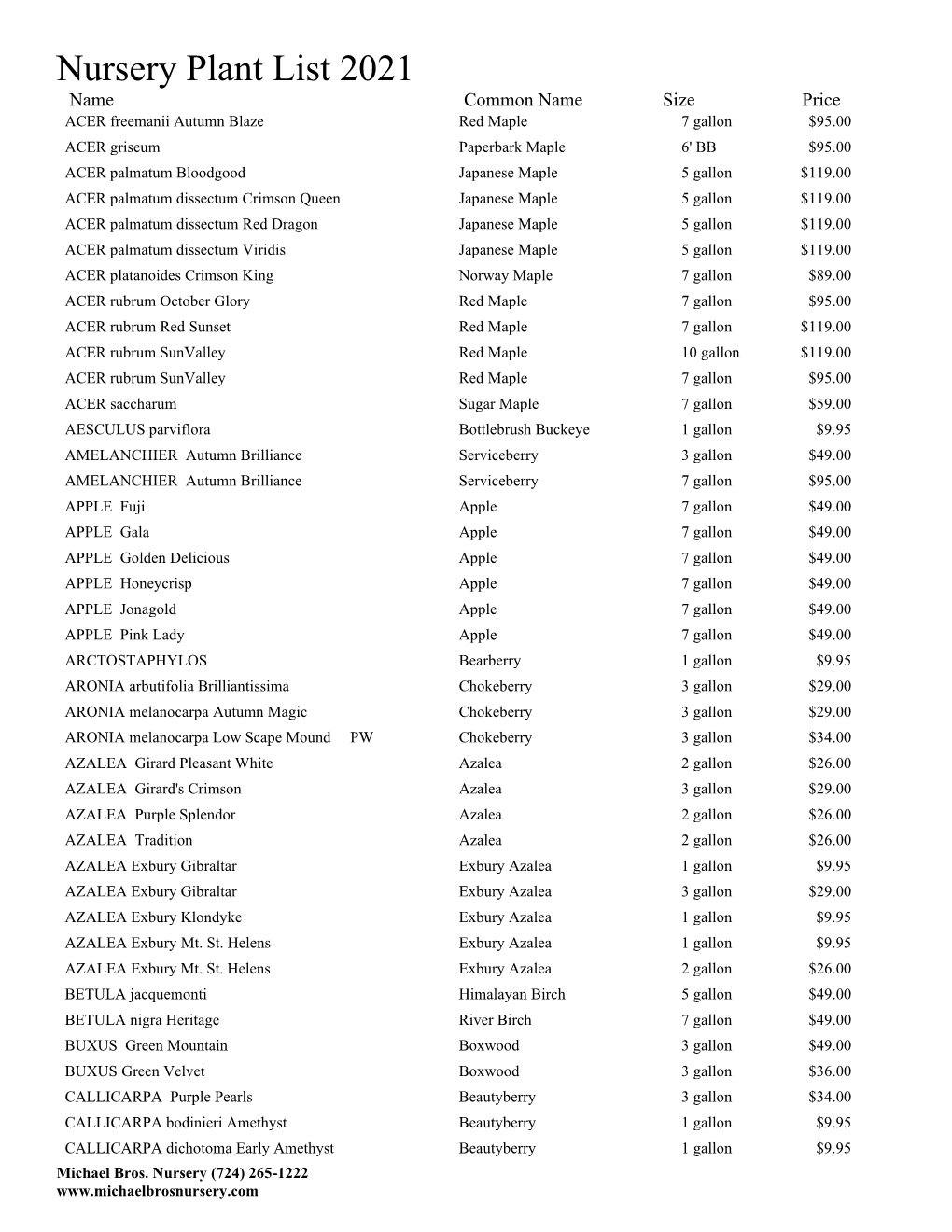 Nursery Plant List 2021