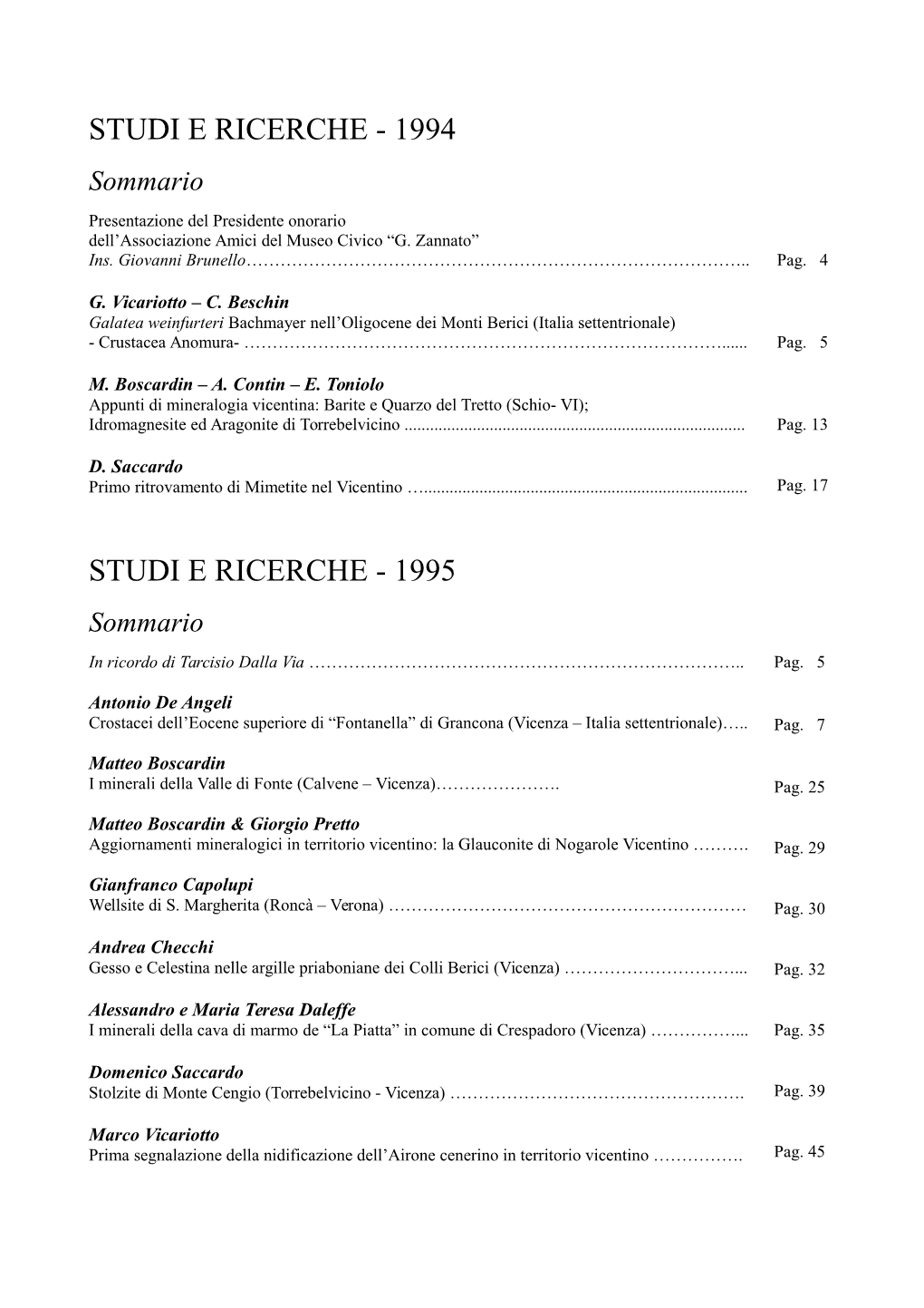 Sommario Studi E Ricerche 1994-2010