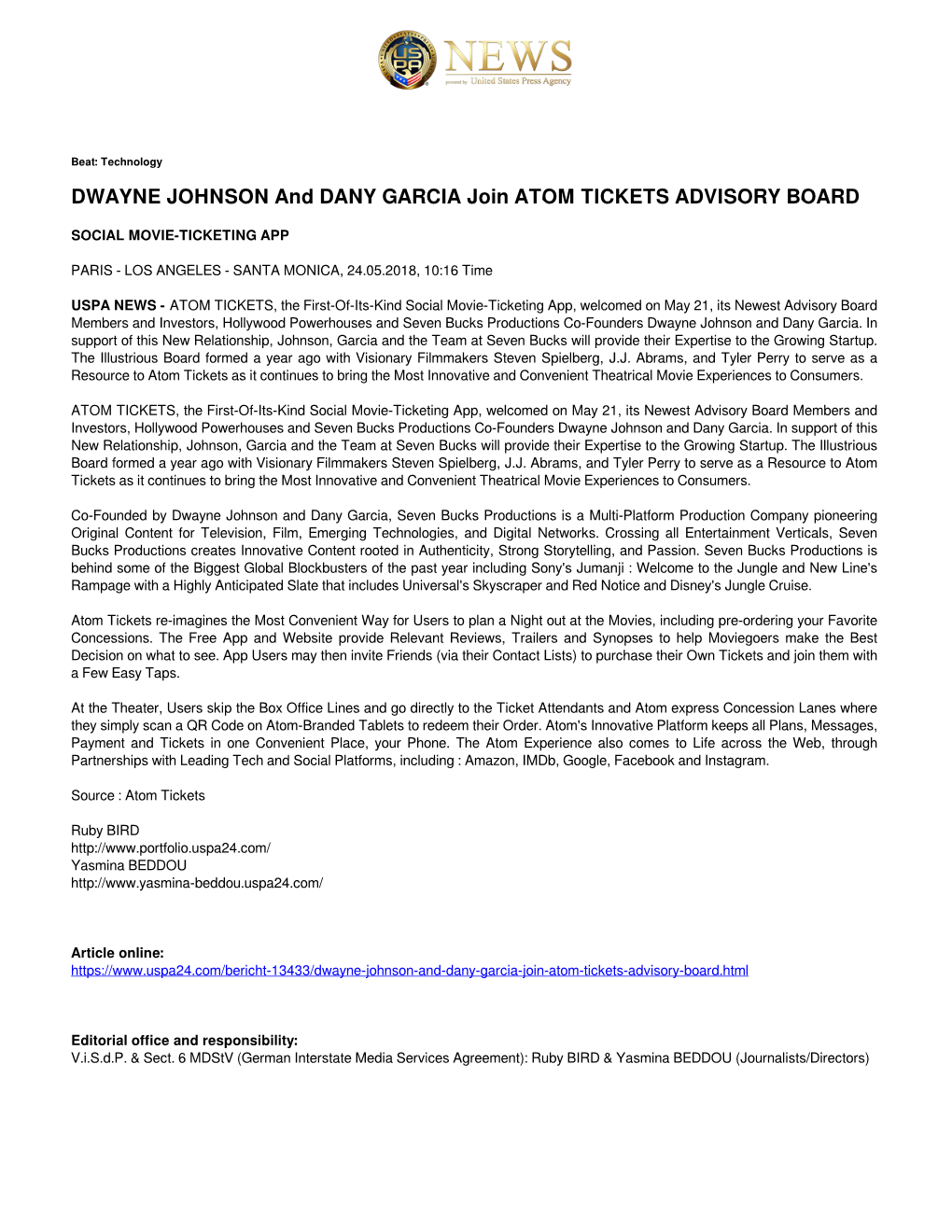 DWAYNE JOHNSON and DANY GARCIA Join ATOM TICKETS ADVISORY BOARD