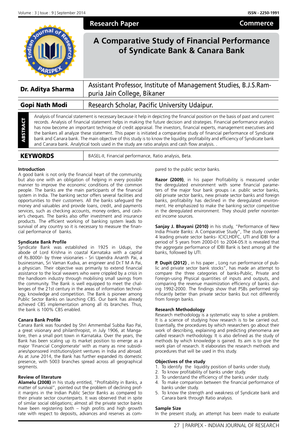 A Comparative Study of Financial Performance of Syndicate Bank & Canara Bank