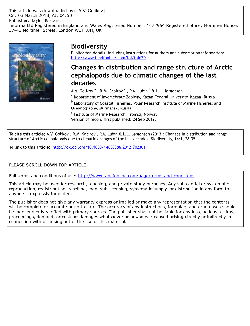 Changes in Distribution and Range Structure of Arctic Cephalopods Due to Climatic Changes of the Last Decades A.V