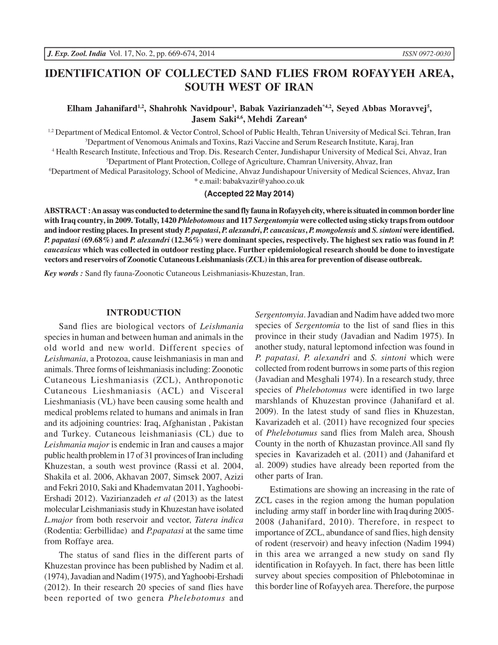 Identification of Collected Sand Flies from Rofayyeh Area, South West of Iran