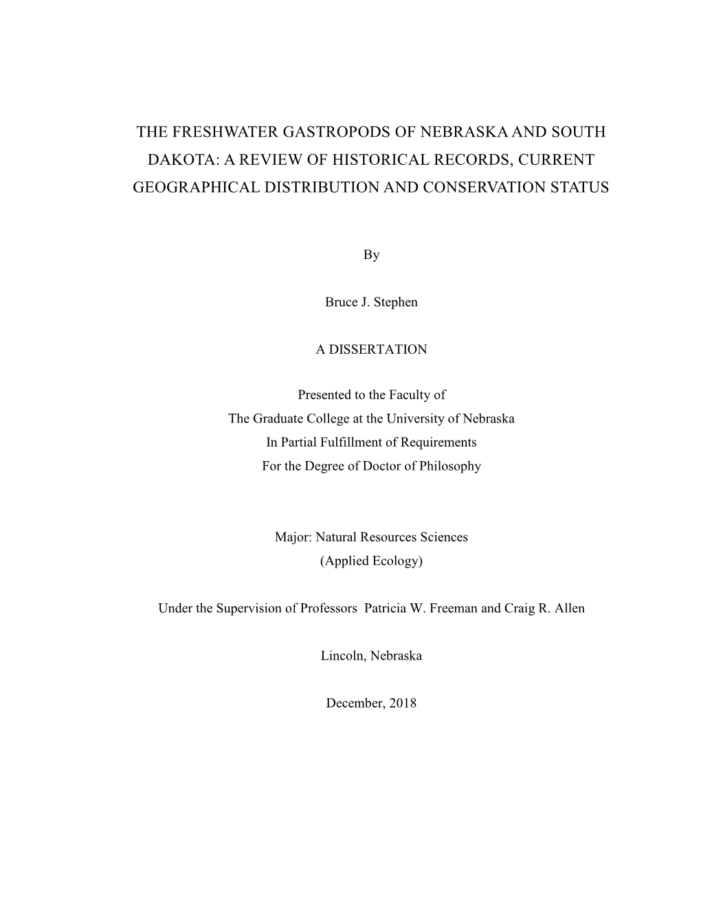 The Freshwater Gastropods of Nebraska and South Dakota: a Review of Historical Records, Current Geographical Distribution and Conservation Status