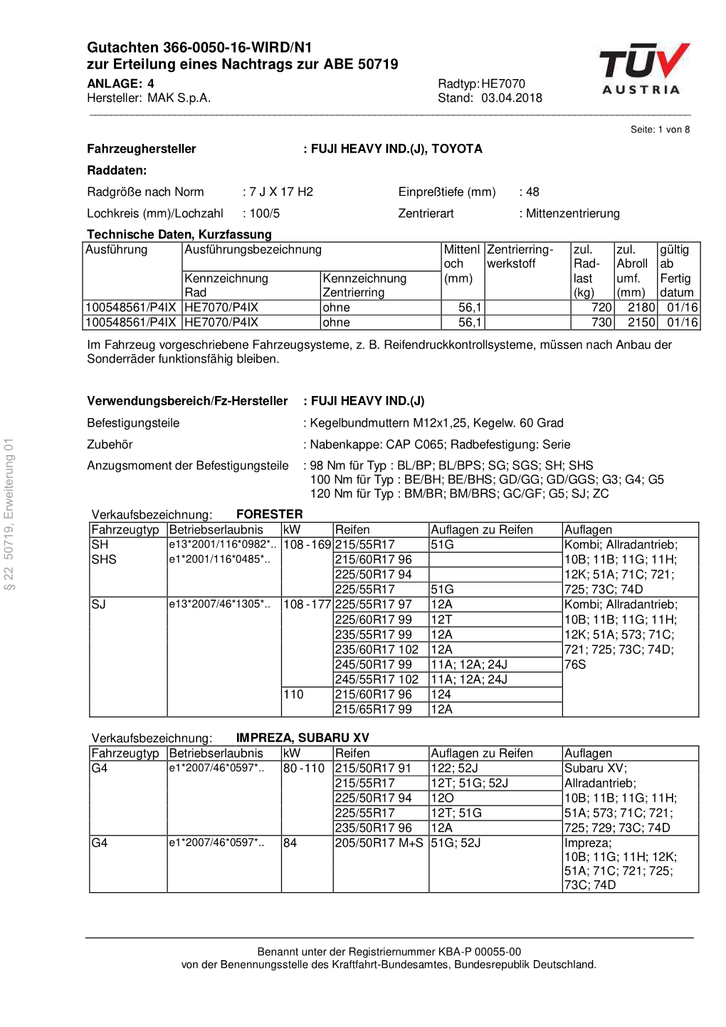 Gutachten 366-0050-16-WIRD/N1 Zur Erteilung Eines Nachtrags Zur ABE 50719 ANLAGE: 4 Radtyp: HE7070 Hersteller: MAK S.P.A