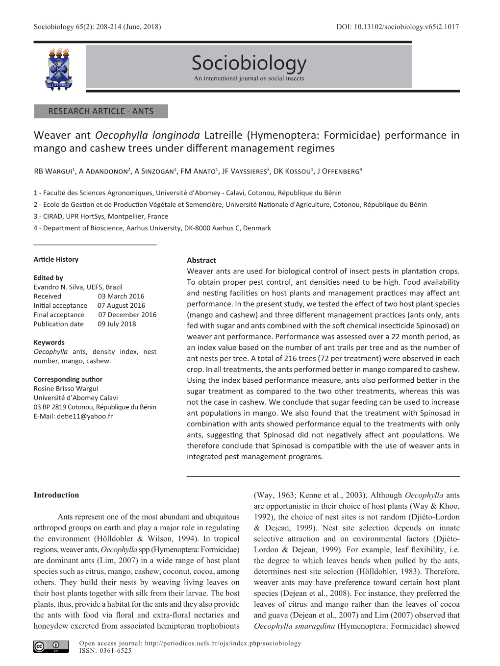 Sociobiology 65(2): 208-214 (June, 2018) DOI: 10.13102/Sociobiology.V65i2.1017