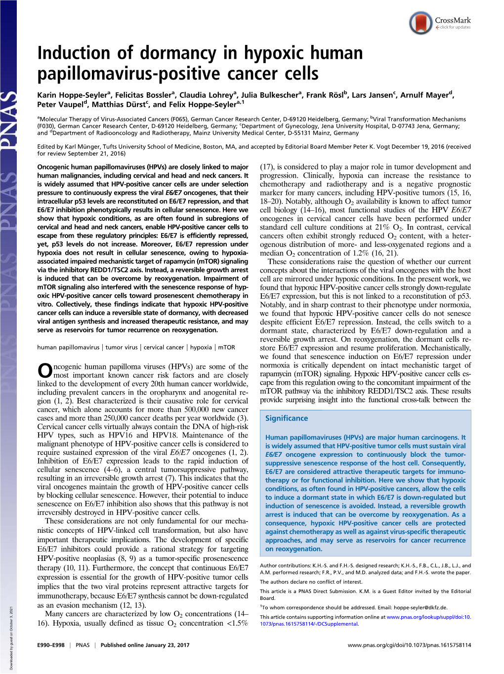 Induction of Dormancy in Hypoxic Human Papillomavirus-Positive Cancer Cells