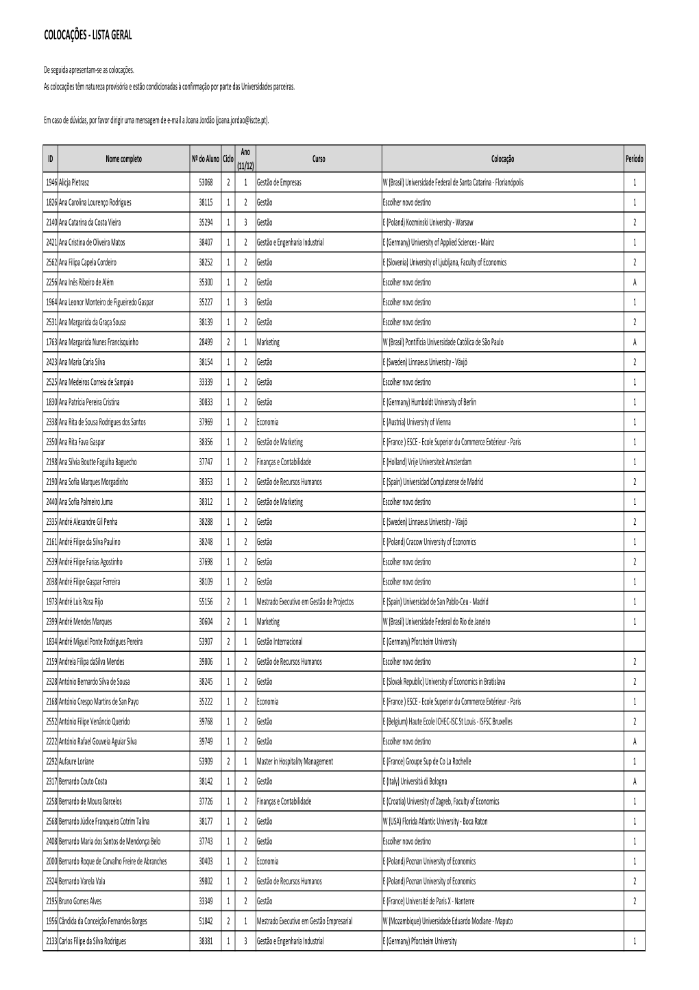 Colocações - Lista Geral