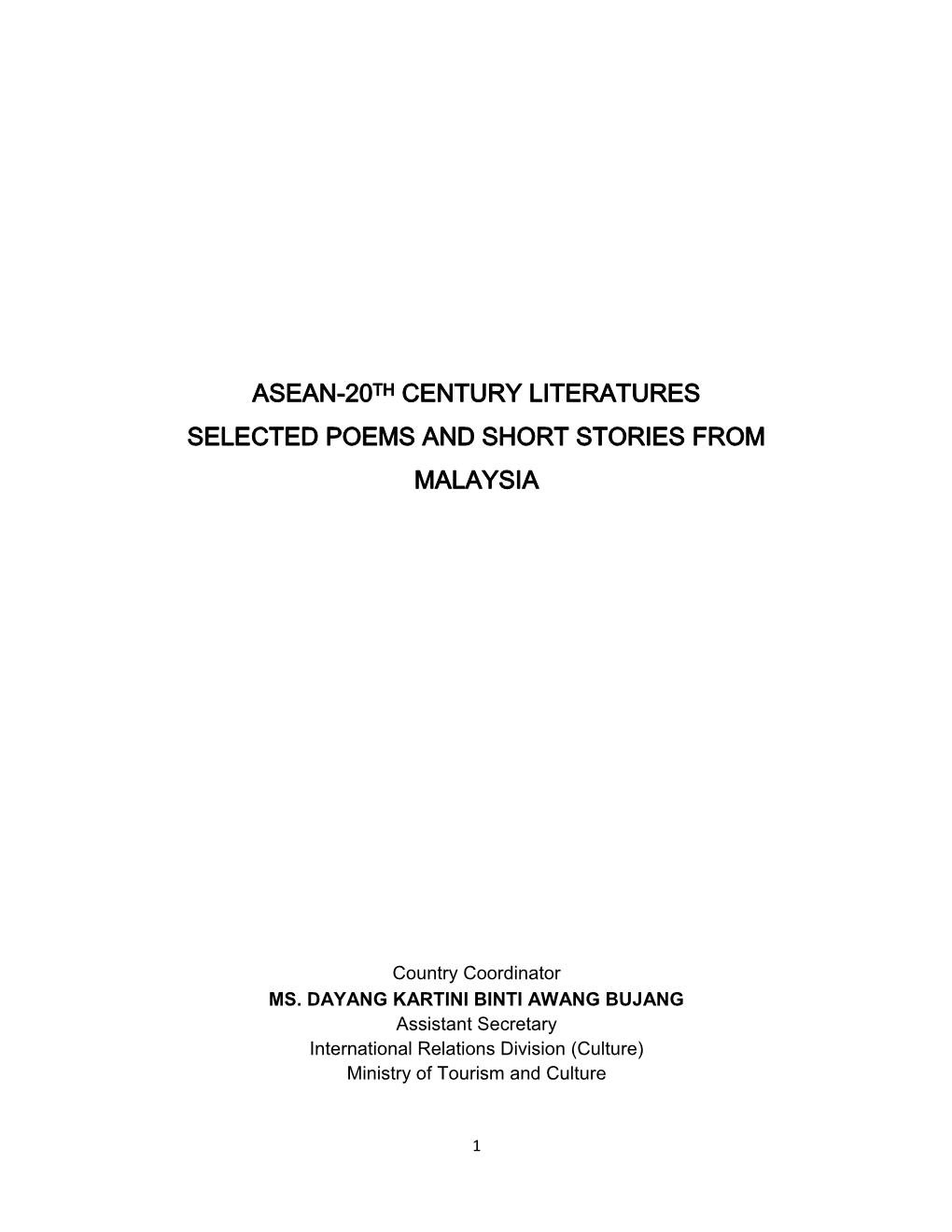 Asean-20Th Century Literatures Selected Poems and Short Stories From