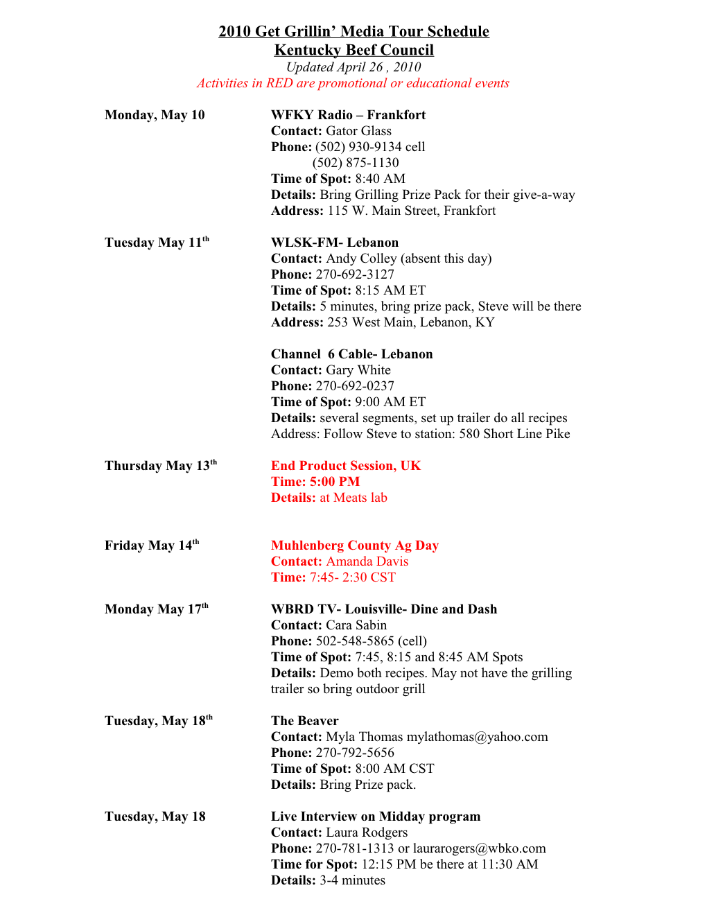 2010 Get Grillin Media Tour Schedule