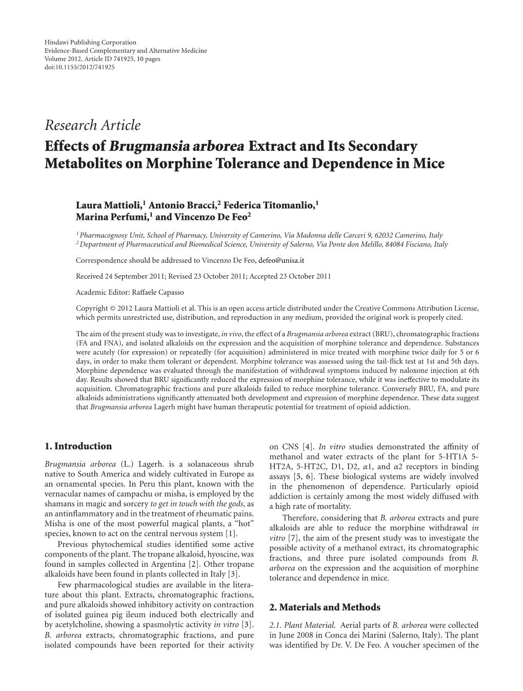 Effects of Brugmansia Arborea Extract and Its Secondary Metabolites on Morphine Tolerance and Dependence in Mice