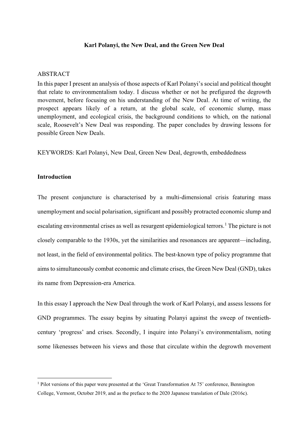 Karl Polanyi, the New Deal, and the Green New Deal