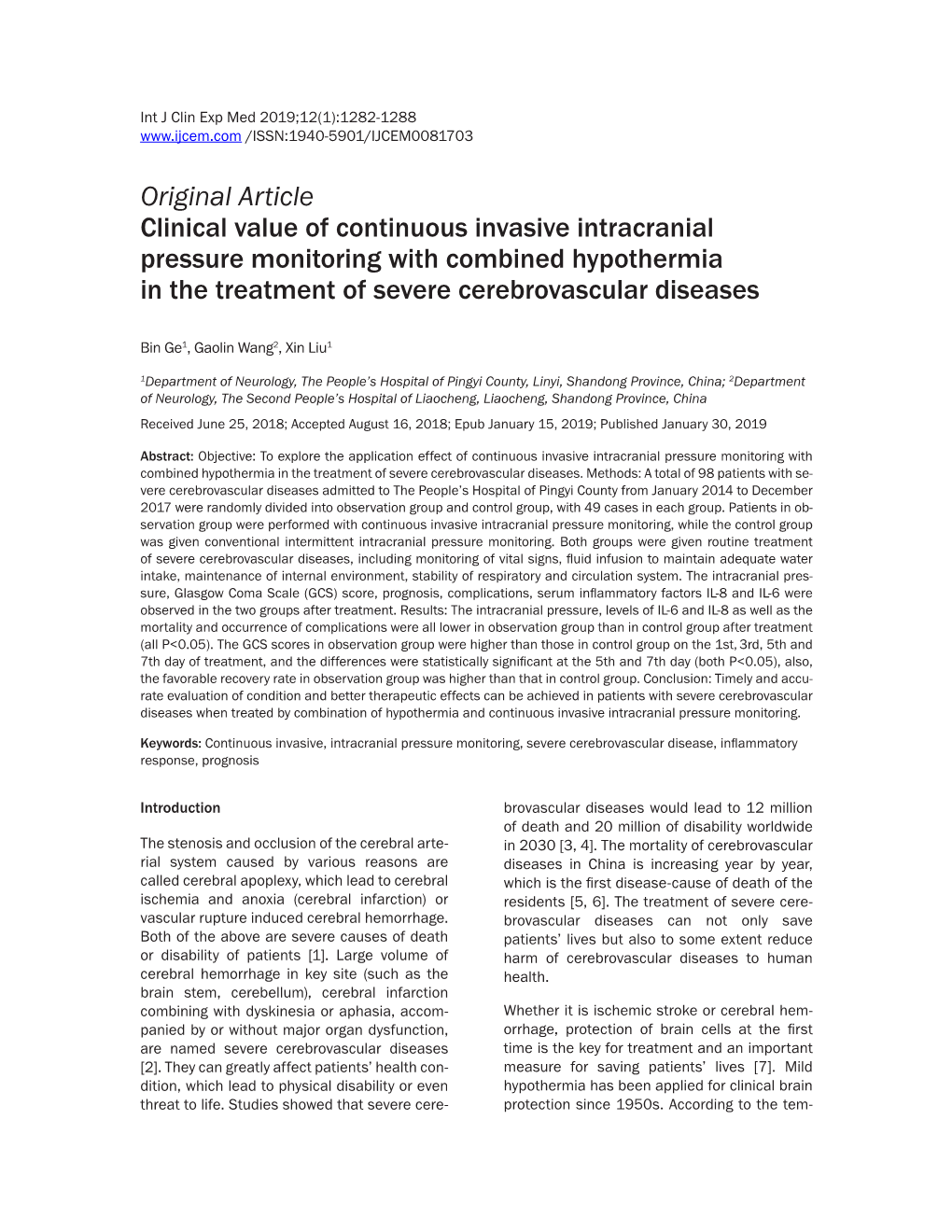 Original Article Clinical Value of Continuous Invasive Intracranial Pressure Monitoring with Combined Hypothermia in the Treatment of Severe Cerebrovascular Diseases