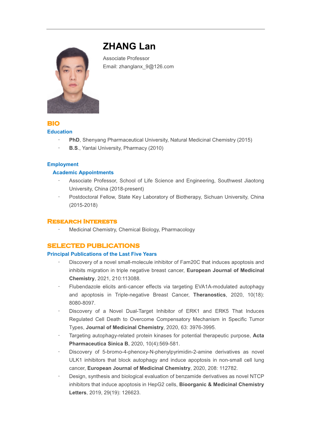 ZHANG Lan Associate Professor Email: Zhanglanx 9@126.Com
