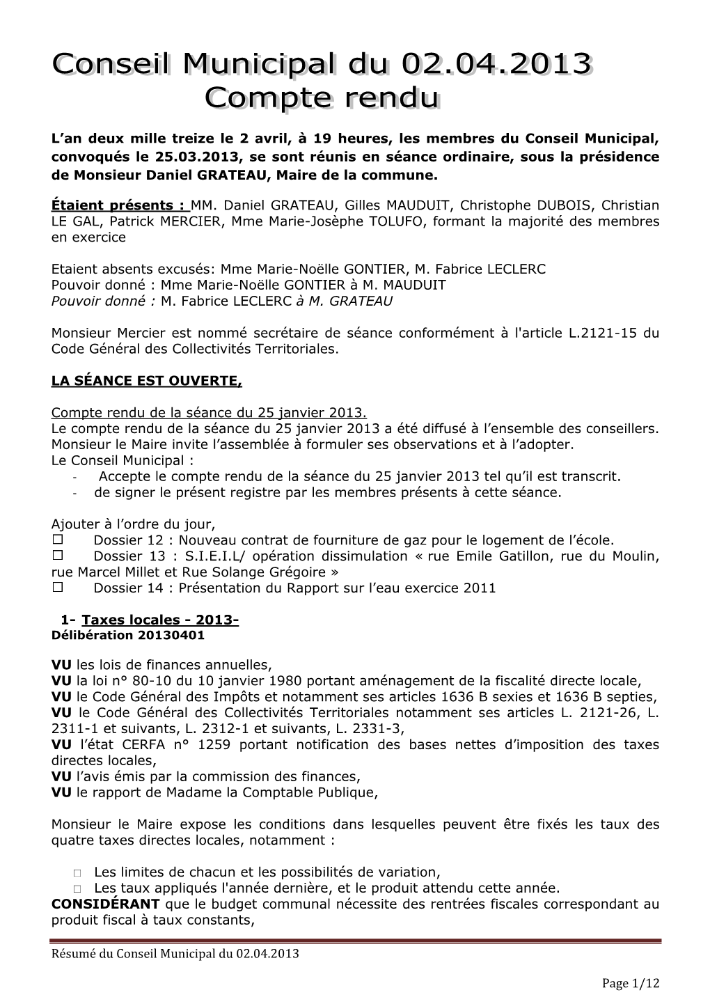 Résumé Du Conseil Municipal Du 02.04.2013 Page 1/12 L'an Deux