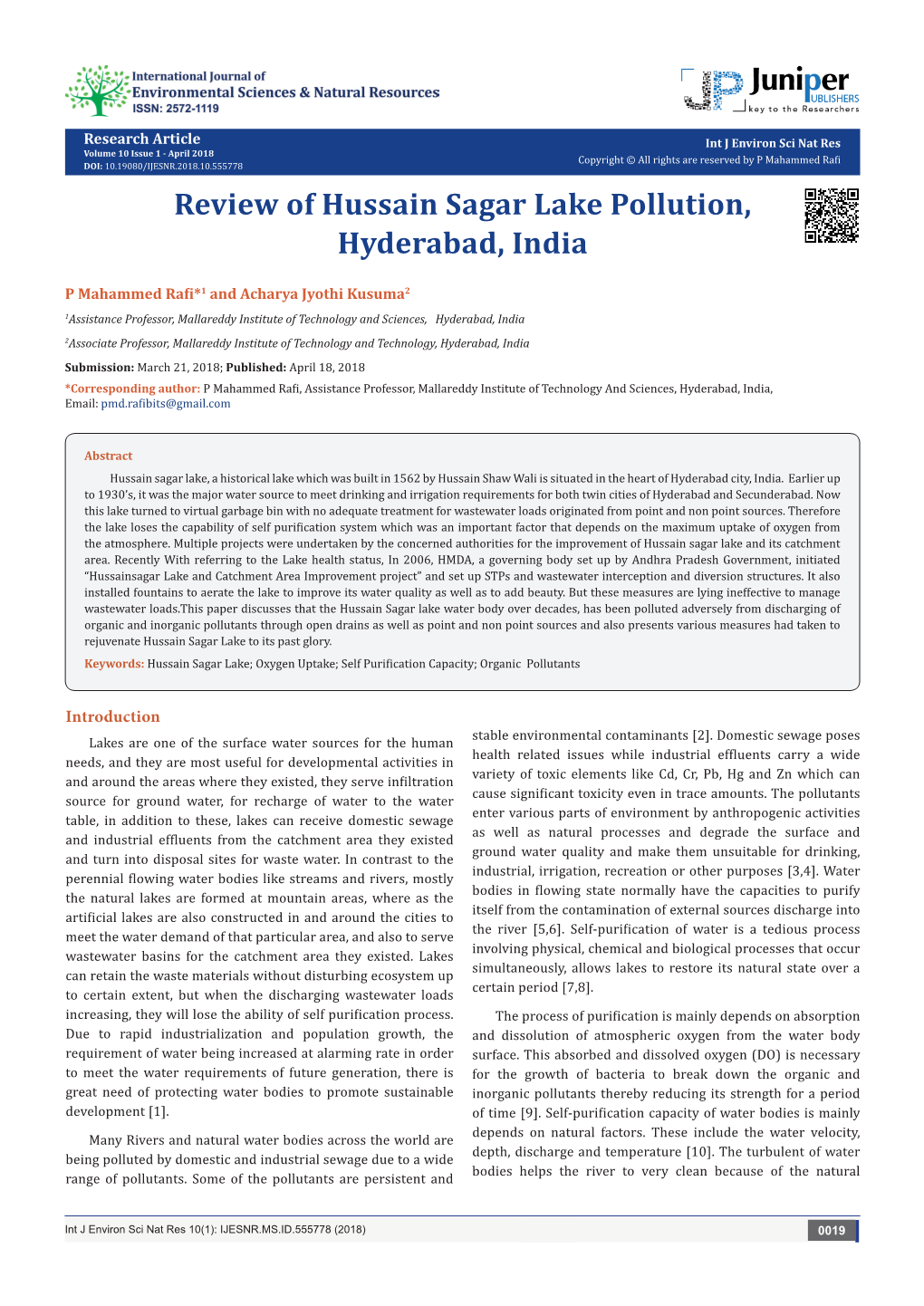 Review of Hussain Sagar Lake Pollution, Hyderabad, India