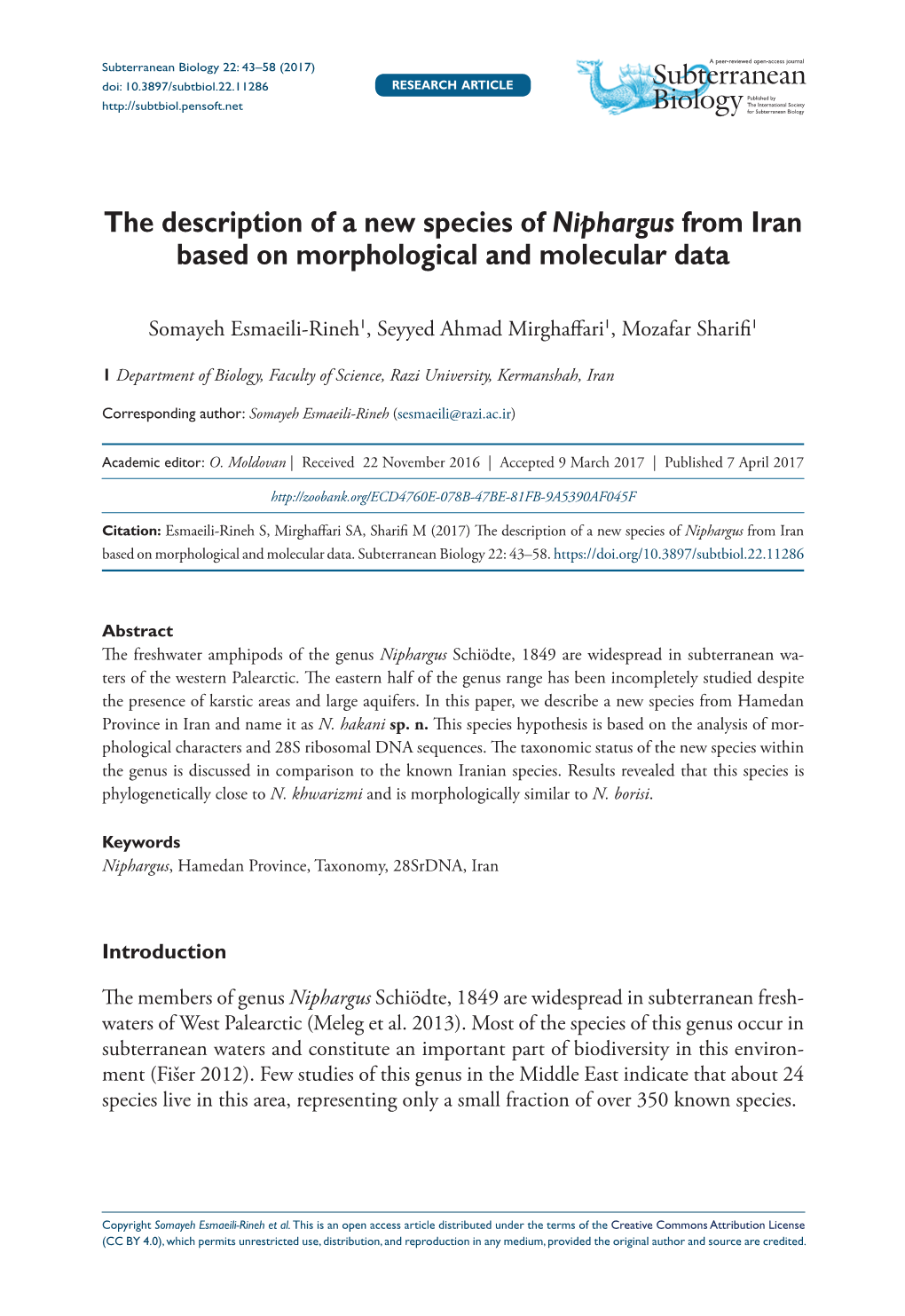 ﻿The Description of a New Species of Niphargus from Iran Based On