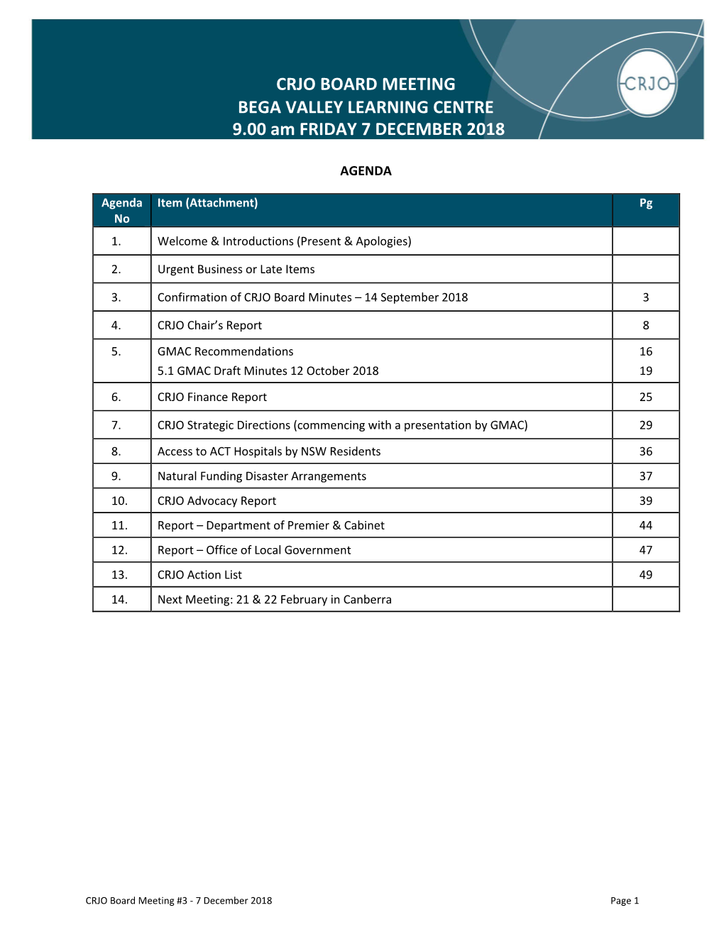 CRJO BOARD MEETING BEGA VALLEY LEARNING CENTRE 9.00 Am FRIDAY 7 DECEMBER 2018