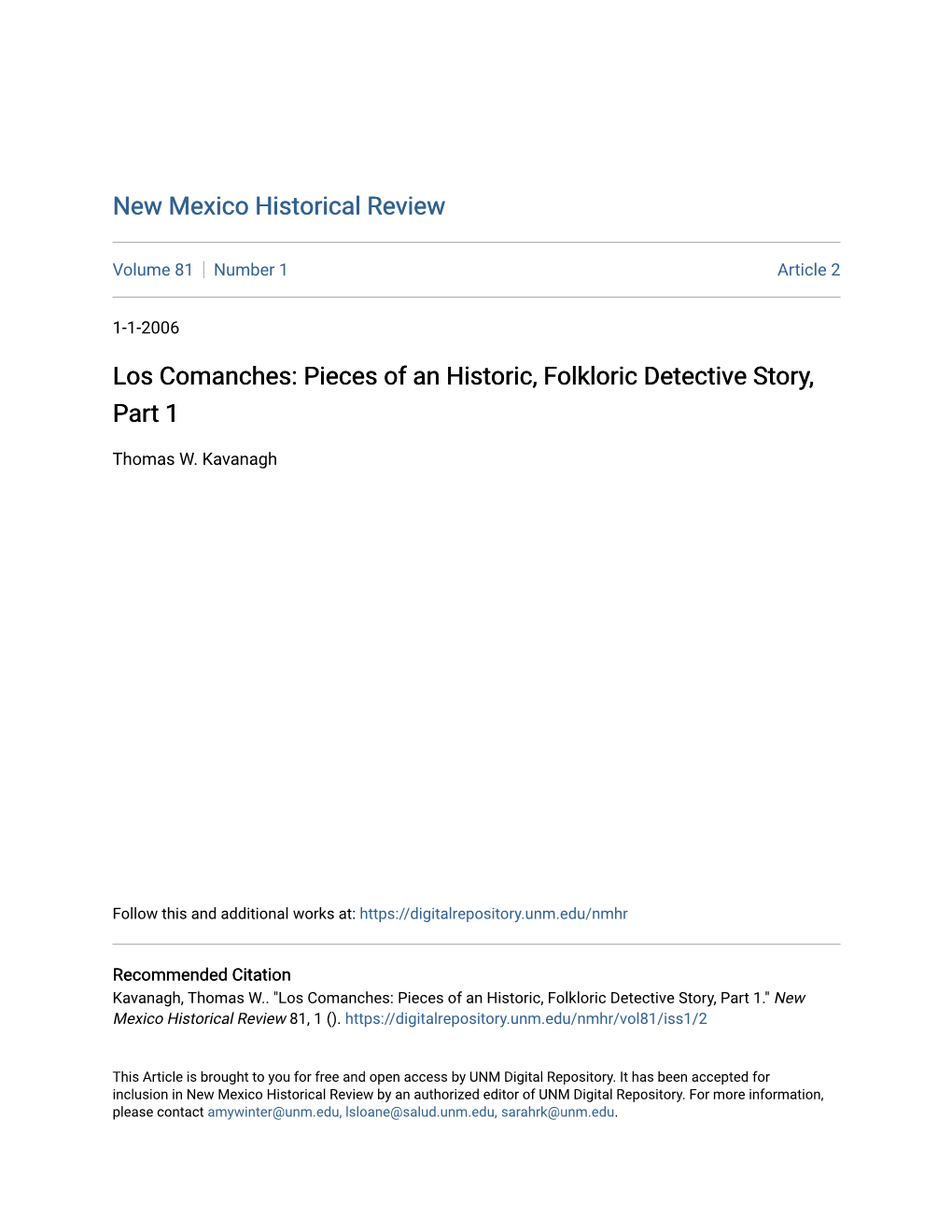 Los Comanches: Pieces of an Historic, Folkloric Detective Story, Part 1