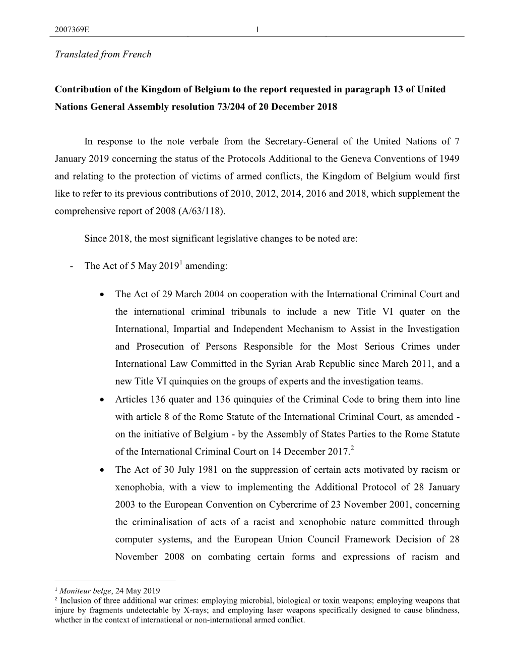 Belgium to the Report Requested in Paragraph 13 of United Nations General Assembly Resolution 73/204 of 20 December 2018