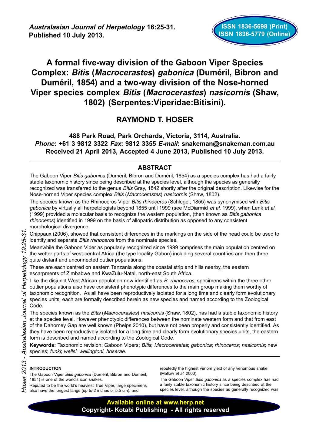 A Formal Five-Way Division of the Gaboon Viper Species Complex: Bitis