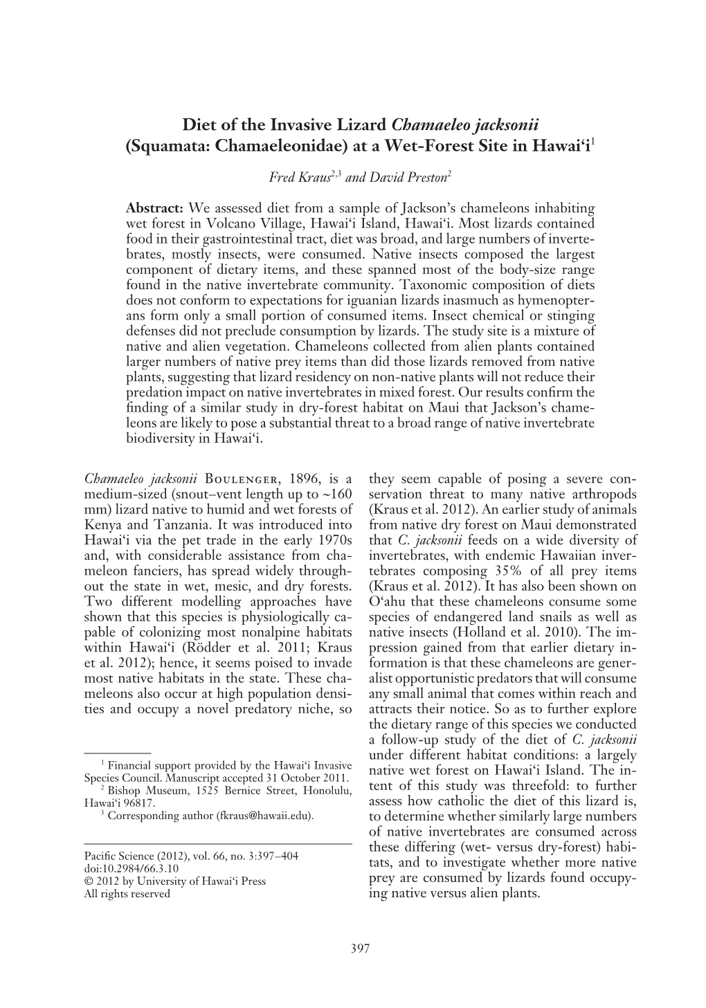 Diet of the Invasive Lizard Chamaeleo Jacksonii (Squamata: Chamaeleonidae) at a Wet-Forest Site in Hawai‘I1