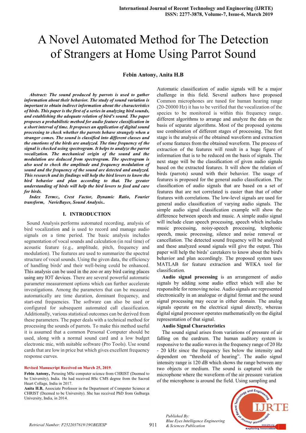 A Novel Automated Method for the Detection of Strangers at Home Using Parrot Sound