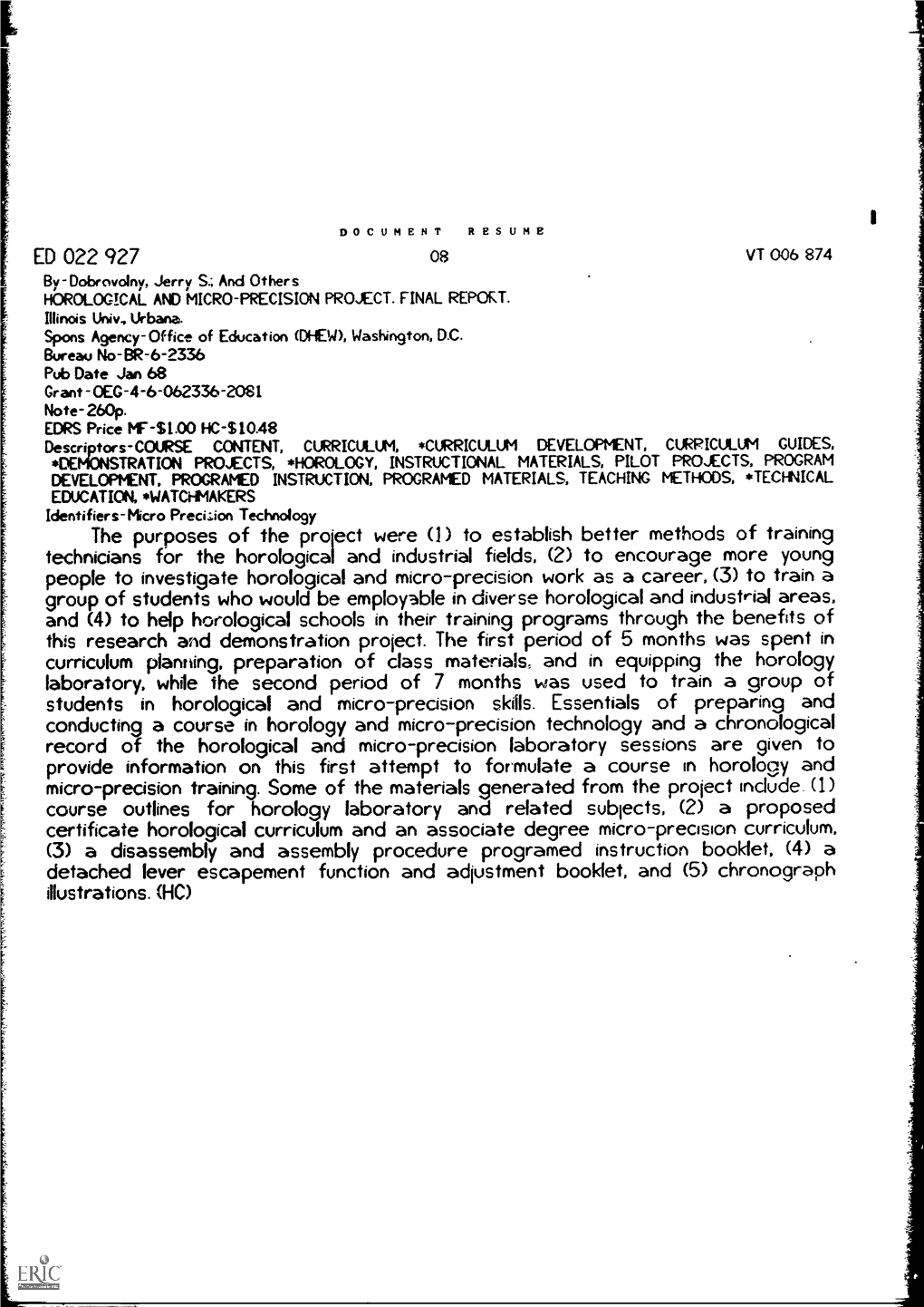 Course Outlines for Horology Laboratory and Related Subjects