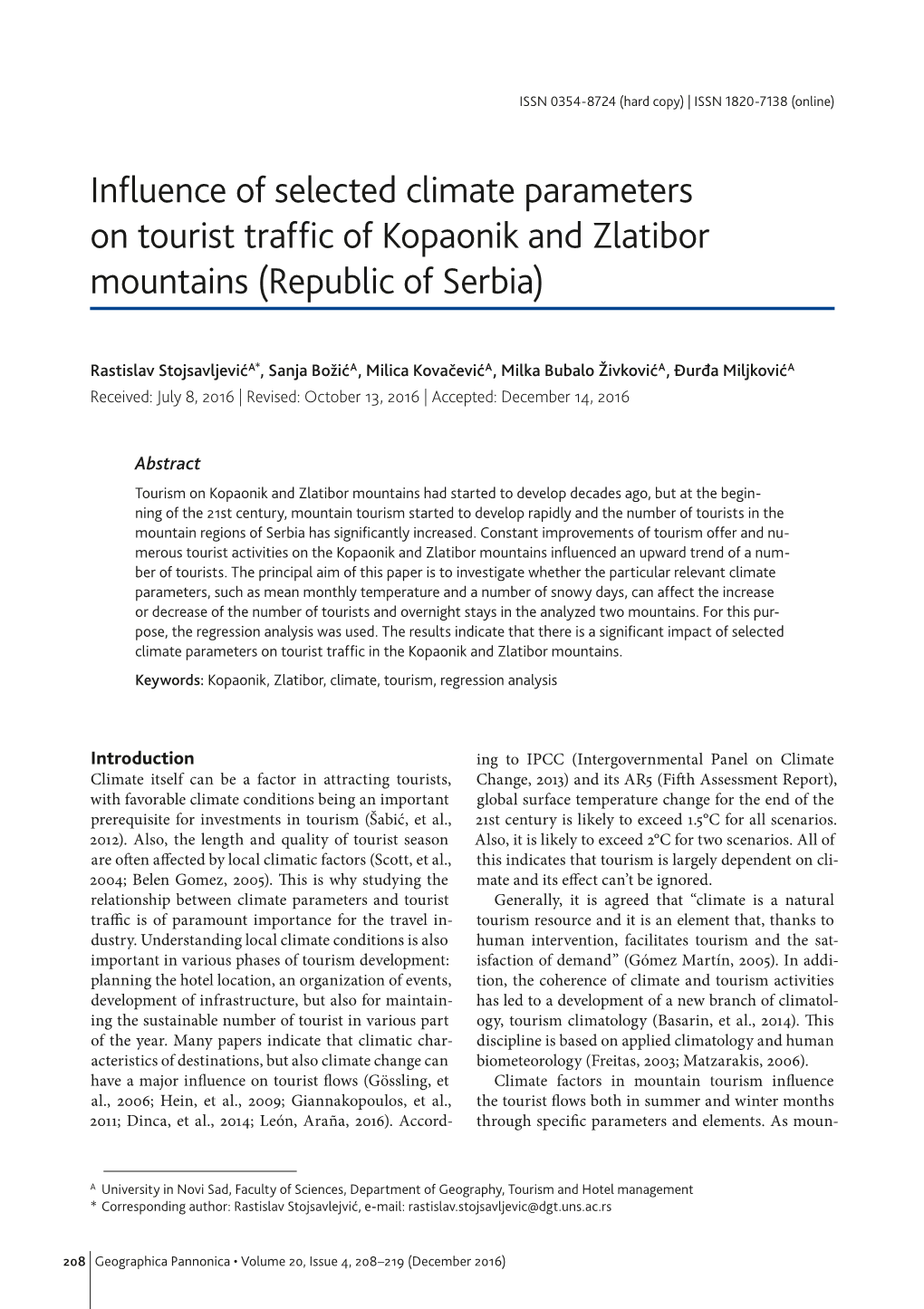 Influence of Selected Climate Parameters on Tourist Traffic of Kopaonik and Zlatibor Mountains (Republic of Serbia)