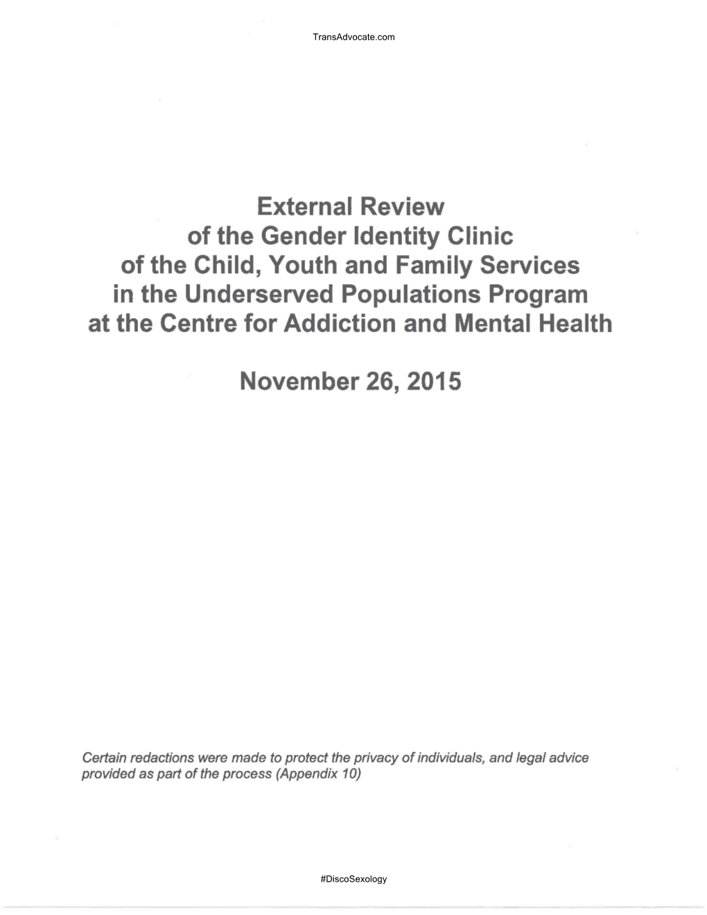 External Review of the Gender Identity Clinic of the Child, Youth and Family Services in the Underserved Populations Program At