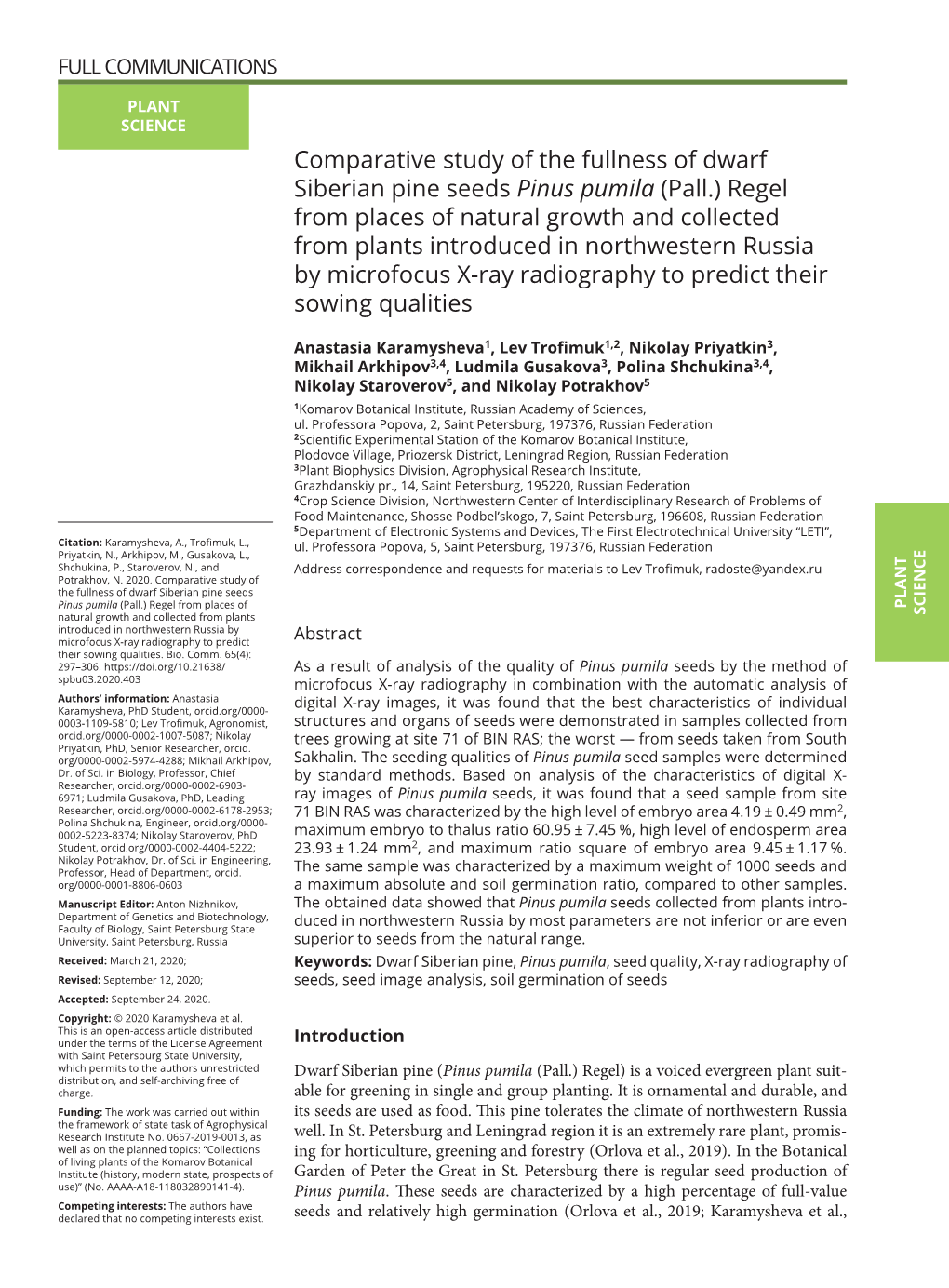 Comparative Study of the Fullness of Dwarf Siberian Pine Seeds Pinus