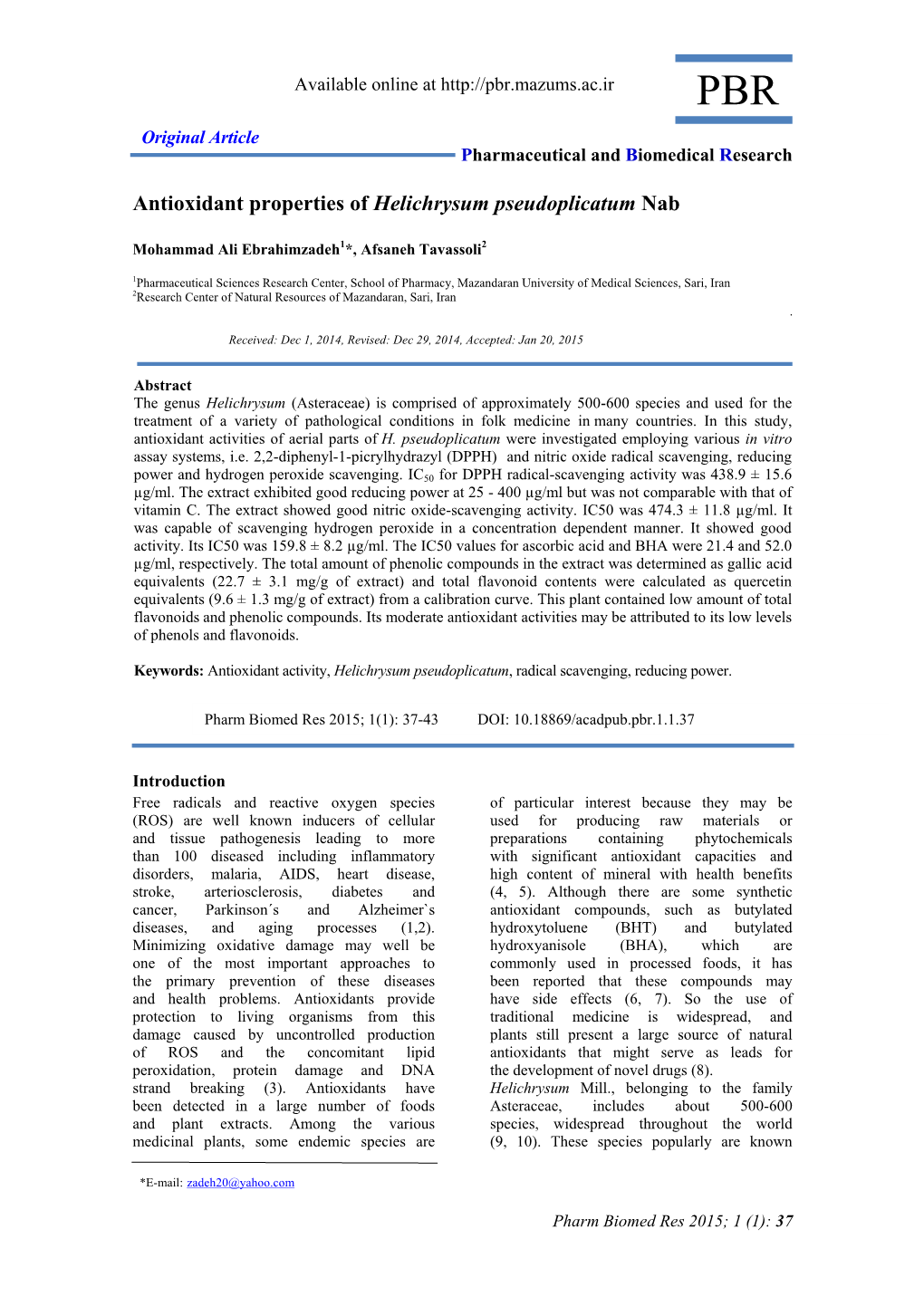 Antioxidant Properties of Helichrysum Pseudoplicatum Nab