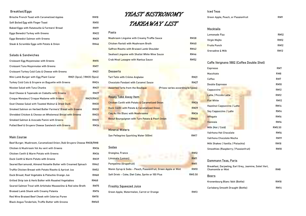 Yeast Bistronomy Takeaway List