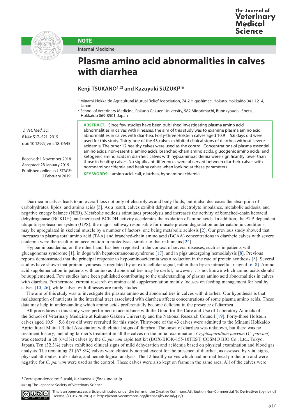 Plasma Amino Acid Abnormalities in Calves with Diarrhea