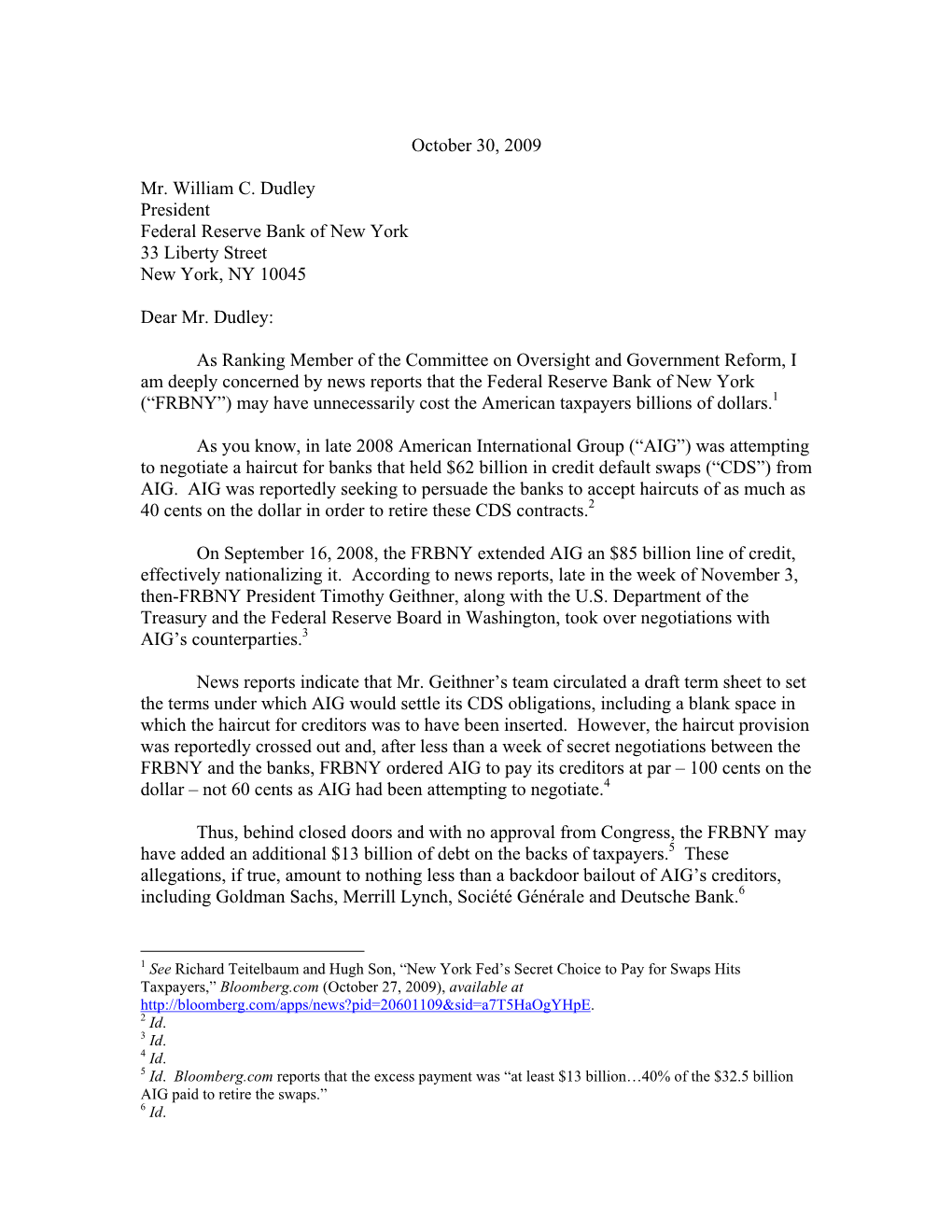 Letter from Congressman Issa to William C. Dudley On