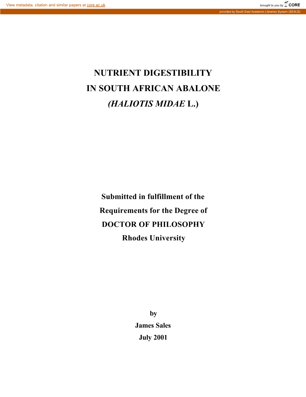 Nutrient Digestibility in South African Abalone (Haliotis Midae L.)